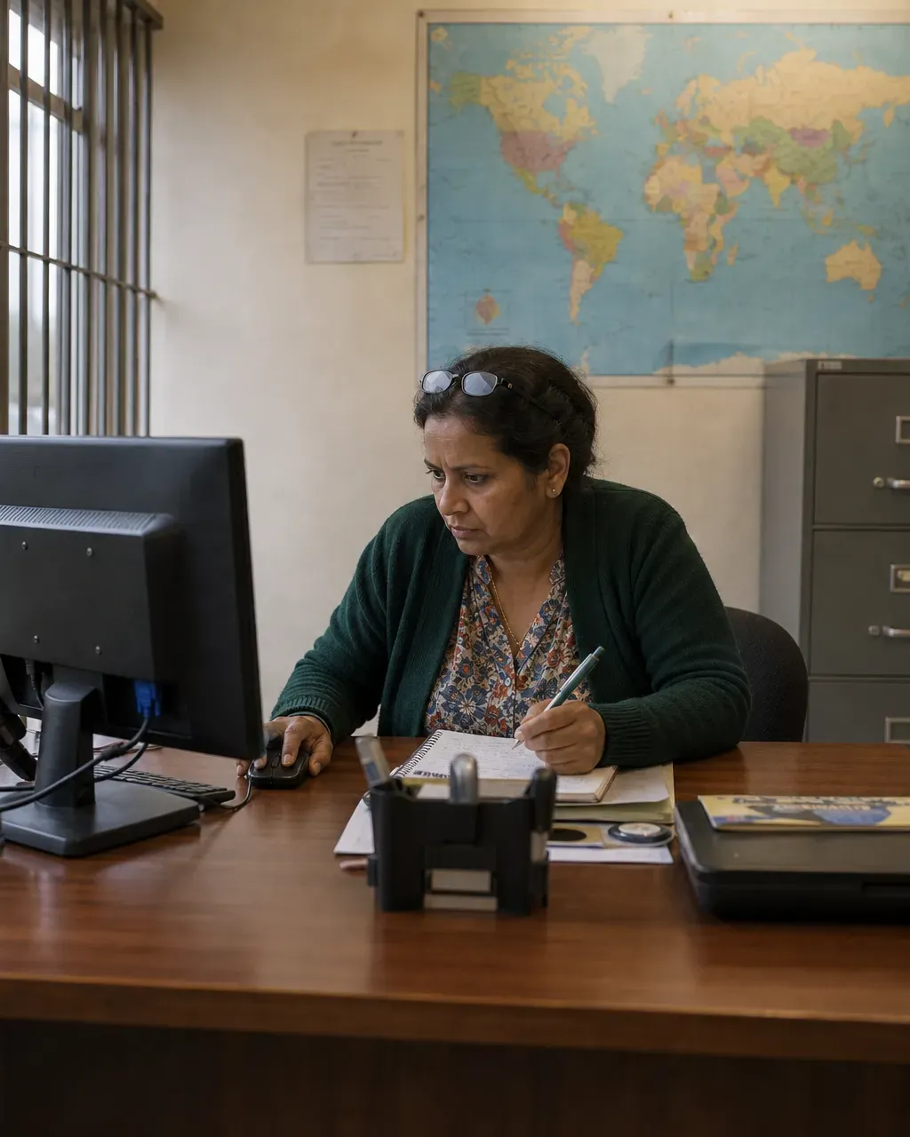 Travel agent working at her desk preparing travel documents